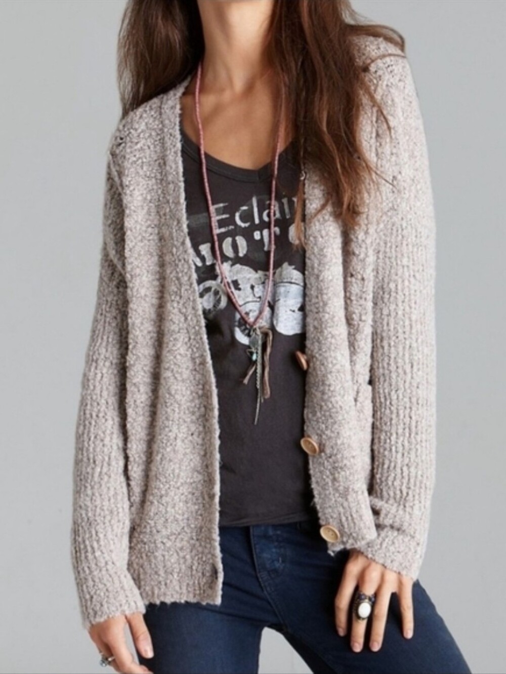 Free People Fall Friends Oatmeal Wool Blend Button Cardigan Size Large